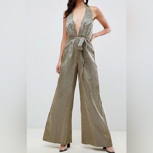 ASOS Pants - Asos - NWT Gold And Black Stripe Halter Deep V Neck Belted Jumpsuit Size 10